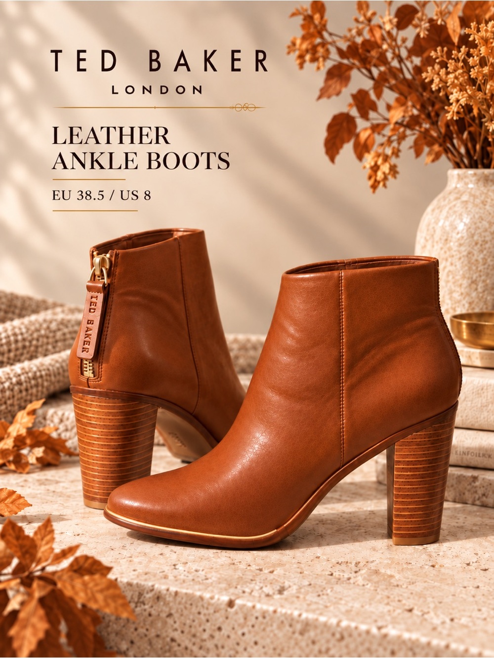 Ted Baker Leather Ankle Boots Women 8 Cognac Brown Block Heel Booties